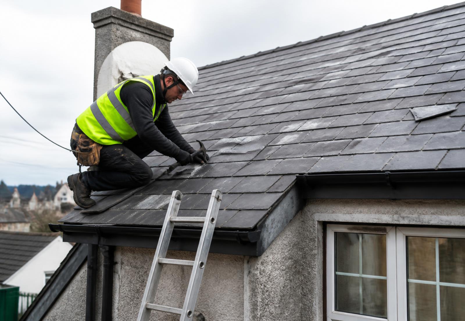 Roofer in safety gear repairing slate roof tiles on a residential house in Dublin