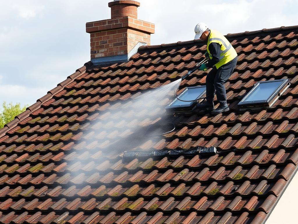 Roof cleaning removing moss from tiles on a house in Navan, Co Meath