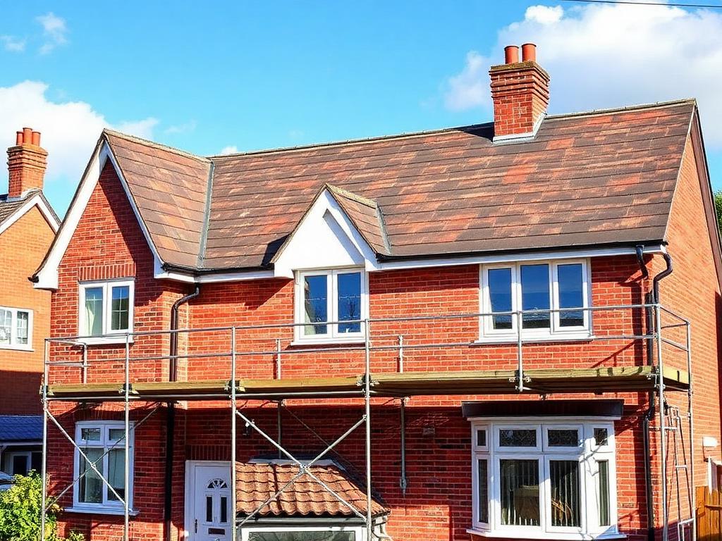 New roof replacement in progress with scaffolding on a house in Louth